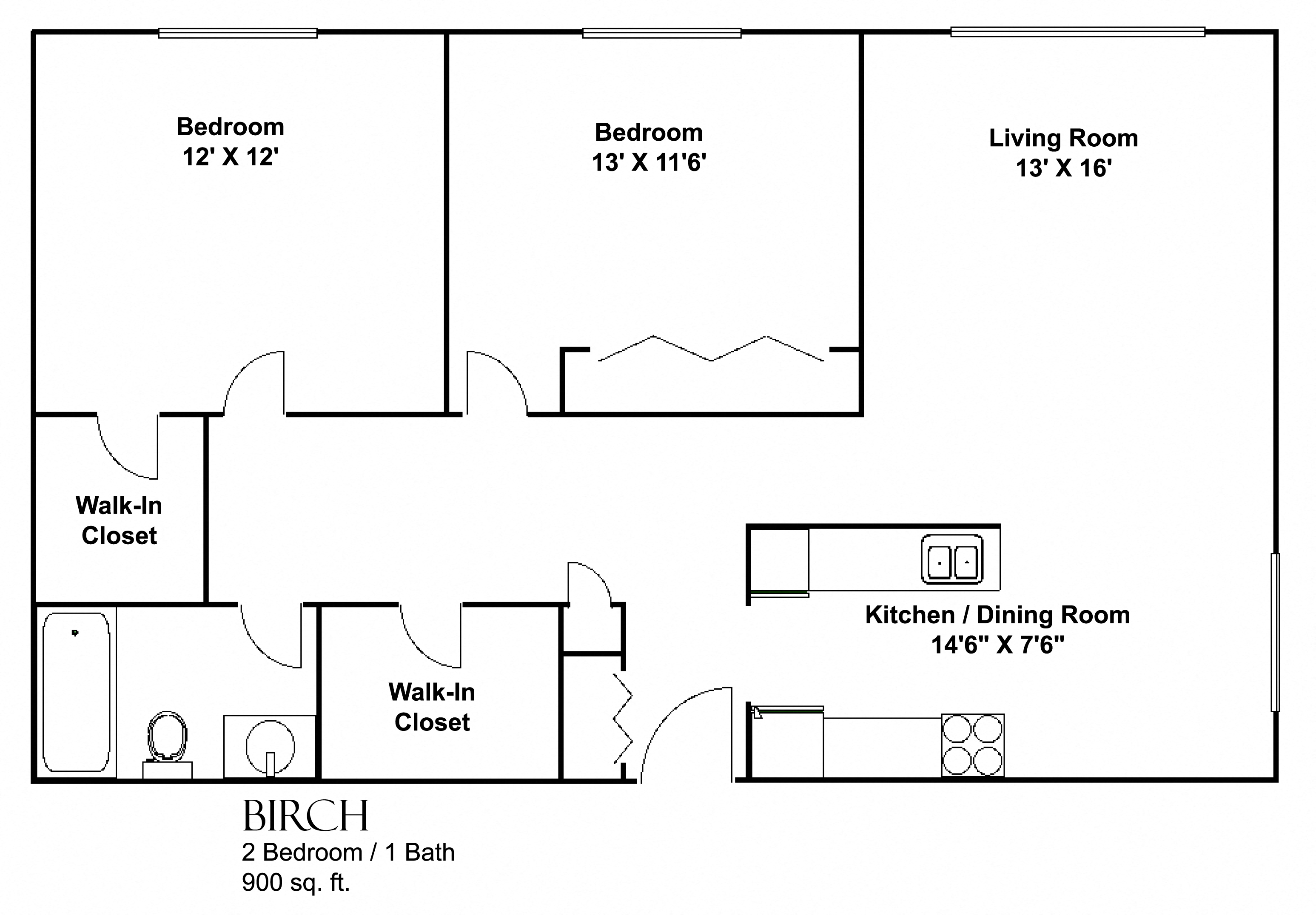 Floor plan for 2 beds, 1 bath, 900 sqft